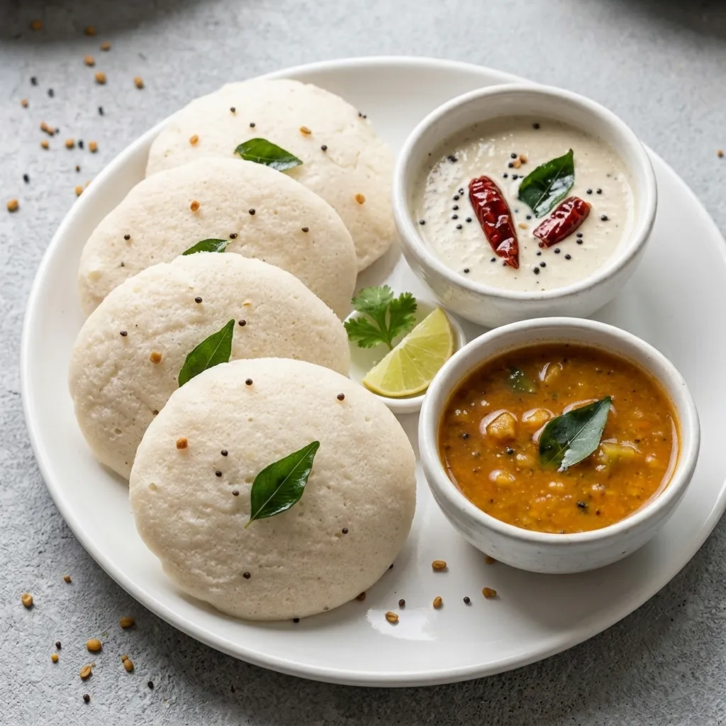 Steamed idli with sambar and coconut chutney at Nitara South Indian restaurant in Edmonton, AB