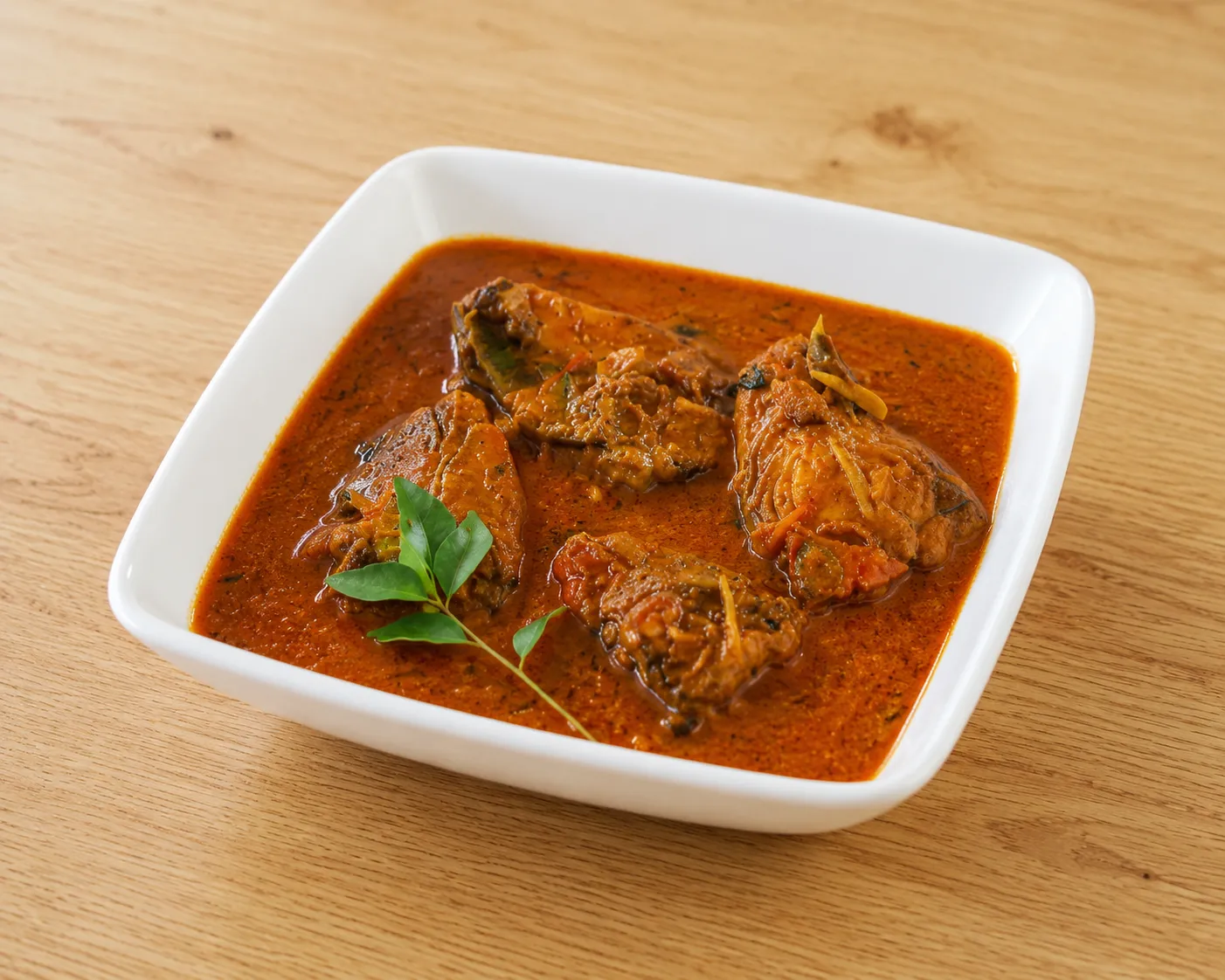 Kerala fish curry simmered in a tangy coconut, tamarind, chili, and curry leaf gravy at Nitara South Indian restaurant in Edmonton, AB