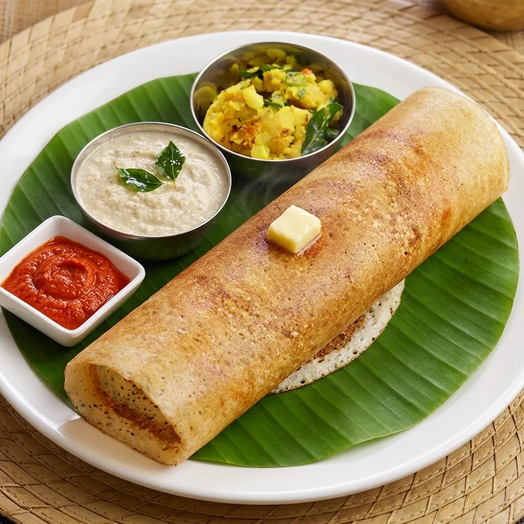 Masala dosa with sambar and coconut chutney at Nitara South Indian restaurant in Edmonton, AB