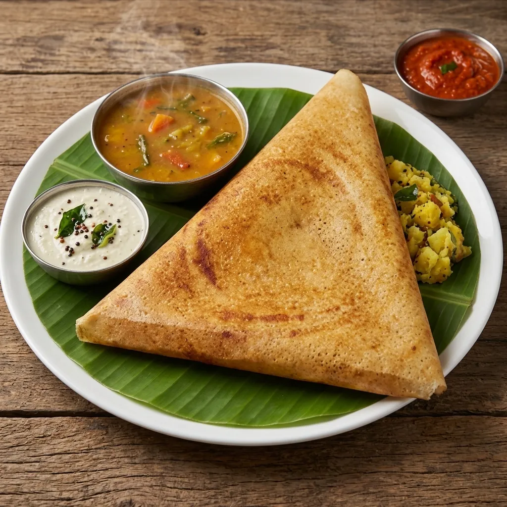 Plain dosa served with sambar and chutney at Nitara South Indian restaurant in Edmonton, AB